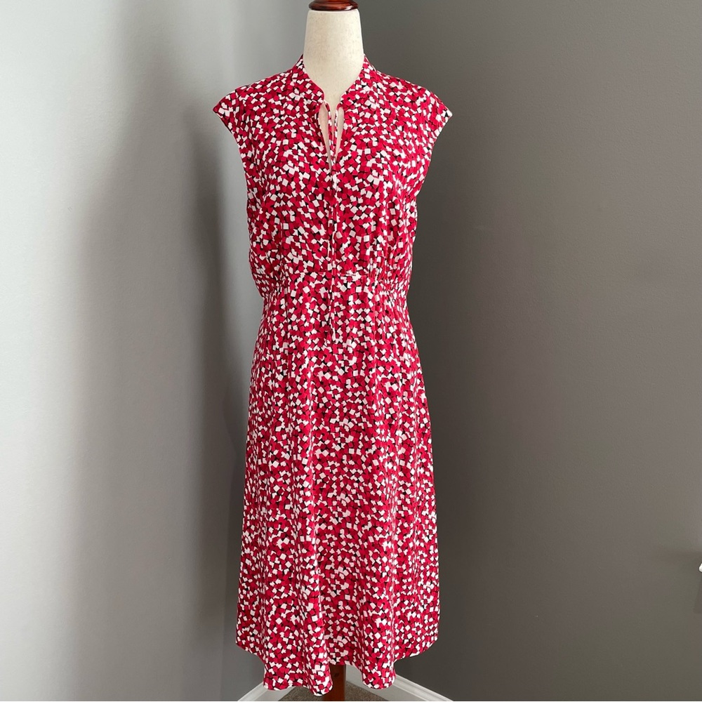 Red Printed Midi Dress with Tie Neck